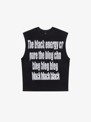 Camiseta sin mangas boxy con estampado de lema – negro, frente plano | XoKool