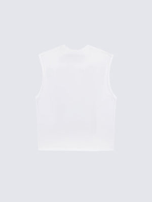 Camiseta sin mangas boxy con estampado de lema – blanco, parte trasera plana | XoKool