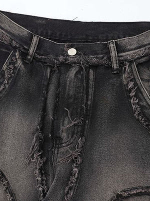 Brown Frayed Jeans with Raw Edge Seams – waistband & fly close-up | XoKool