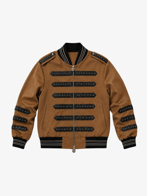 Brown Military Bomber Jacket with Studded Straps – Brown, front flat lay | XoKool