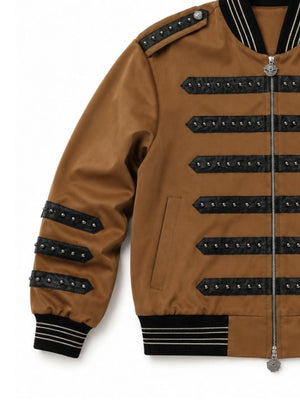 Studded military bomber – front studs and hem close-up | XoKool
