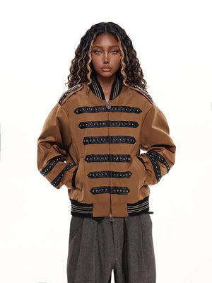 Brown Military Bomber Jacket with Studded Straps – on female model, front | XoKool