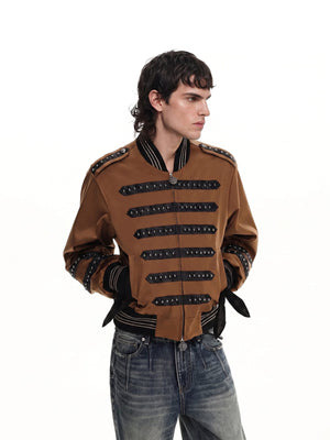Brown Military Bomber Jacket with Studded Straps – on male model, front | XoKool