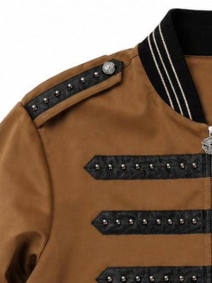 Brown Military Bomber Jacket with Studded Straps – shoulder epaulette and studded strap close-up | XoKool