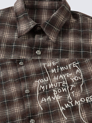 Brown Plaid Shirt with Layered Long Sleeves – collar + text embroidery close-up | XoKool