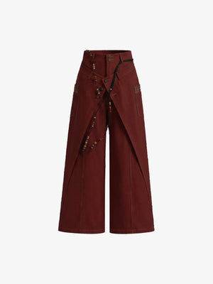 Brown Wide Leg Pants with Wrap Front Panel – Brick Red, front flat | XoKool