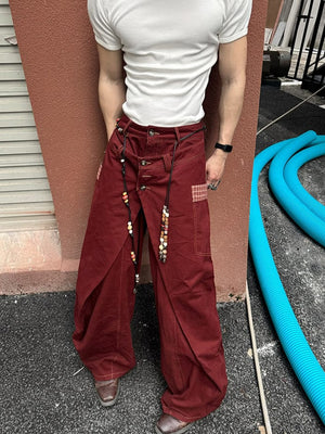 Brown Wide Leg Pants with Wrap Front Panel – Brick Red, on model street | XoKool