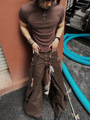 Brown Wide Leg Pants with Wrap Front Panel – Brown, on model street | XoKool