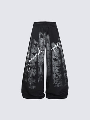 Wide Leg Jogginghose mit Pinselstrich-Print – Schwarz, Vorderansicht flach | XoKool