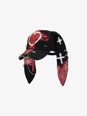 Bunny Ear Denim Baseball Cap with Chains – angled view | XoKool