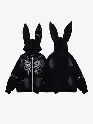 Zip Hoodie mit Hasenohren und Schmetterlingsprint – Schwarz, Vorder- und Rückseite | XoKool
