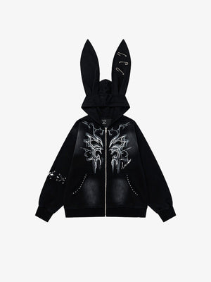 Zip Hoodie mit Hasenohren und Schmetterlingsprint – Schwarz, Vorderansicht | XoKool