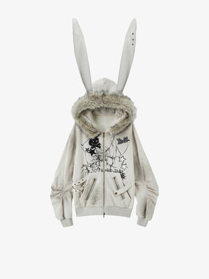 Zip Hoodie mit Hasenohren und Kunstfellbesatz – Hellgrau, Vorderansicht | XoKool