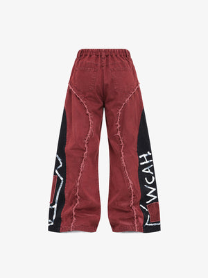 Burgundy Patchwork Wide Leg Pants – Back flat | XoKool