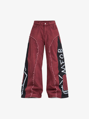 Burgundy Patchwork Wide Leg Pants – Burgundy, front flat | XoKool
