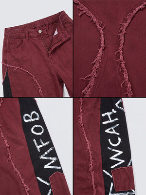 Burgundy Patchwork Wide Leg Pants – Detail collage: waist, raw seam, letter prints | XoKool