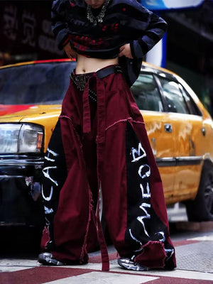 Burgundy Patchwork Wide Leg Pants – On model, front, street (taxi) | XoKool