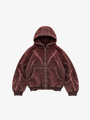 Burgundy Zip Up Hoodie with Thorn Print – Burgundy, front flat | XoKool