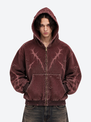 Burgundy Zip Up Hoodie with Thorn Print – on model, front, hood up | XoKool