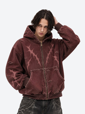 Burgundy Zip Up Hoodie with Thorn Print – on model, front | XoKool