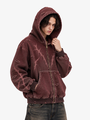 Thorn print zip up hoodie – on model, three-quarter, hood up | XoKool