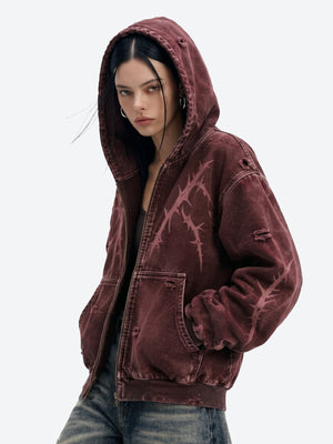 Burgundy Zip Up Hoodie with Thorn Print – on model (woman), front | XoKool
