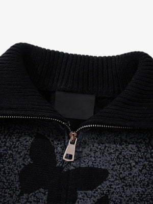 Butterfly Gradient Knit Zip Up Cardigan – Black, open collar close-up | XoKool