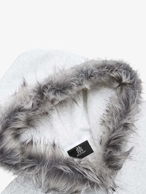Letter Medal Embroidered Cardigan Fur Collar Hooded Sweatshirt - thumbnail 11