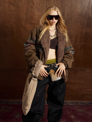 Vintage Leather and Sherpa Patchwork Webbing Cotton Jacket - thumbnail 3