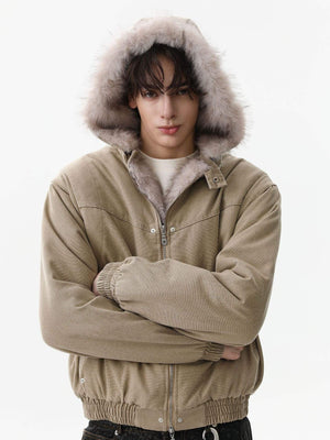 Street Outdoor Detachable Fur Collar Fleece Hooded Padded Jacket - thumbnail 5