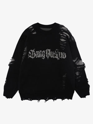 High Street Ripped Raw Edge Knitted Letter Jacquard Sweater - thumbnail 1