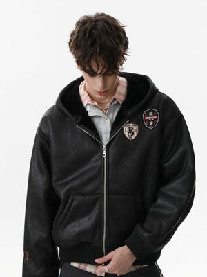 Vintage Leather Badge Fleece-lined Hooded Zip Bomber Jacket - thumbnail 8