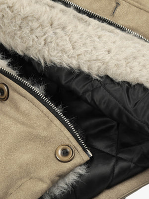 Vintage Fur Collar PU Leather Badge Embroidery Work Jacket - thumbnail 13