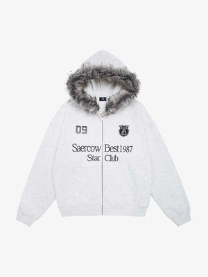 Letter Medal Embroidered Cardigan Fur Collar Hooded Sweatshirt - thumbnail 1