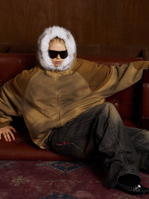 Street Vintage Fog-Dyed Fur Collar Patchwork Hooded Padded Jacket - thumbnail 12