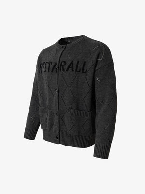 Retro Diamond Check Hollow Knit Cardigan Sweater - thumbnail 3