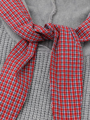 Retro Plaid Tie Hooded Knit Sweater - thumbnail 4
