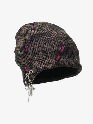 Retro Wasteland Style Distressed Knit Hanging Charm Beanie - thumbnail 7