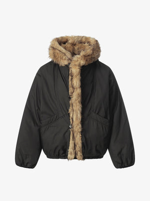 Retro Pleated Fur Hooded Padded Jacket - thumbnail 2