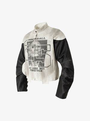Skull Print Paneled Stand-Up Collar Leather Jacket - thumbnail 3