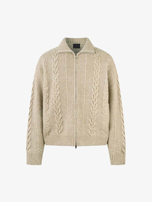 Cable Knit Zip Up Sweater with Collar – Oatmeal, front view | XoKool