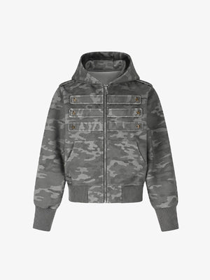 Cropped Camo Zip Hoodie mit Stern-Nieten – Camo, Vorderansicht | XoKool