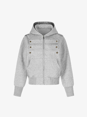 Cropped Camo Zip Hoodie mit Stern-Nieten – Grau, Vorderansicht | XoKool