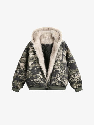 Camo Fur Hood Jacket and Black Baggy Jeans Set – Camo jacket, open front flat | XoKool