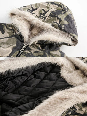 Camo jacket and jeans set – faux fur hood and quilted lining close-up | XoKool