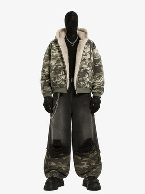 Camo Fur Hood Jacket and Black Baggy Jeans Set – full set on mannequin, front | XoKool