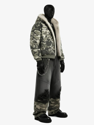 Camo Fur Hood Jacket and Black Baggy Jeans Set – full set on mannequin, side | XoKool