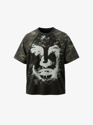 Camo Sleeve Raglan Tee with Distressed Face Graphic – Front flat lay | XoKool