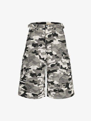 Grey Camo Cargo Shorts with Checkered Patches – Grey Camo, front view | XoKool