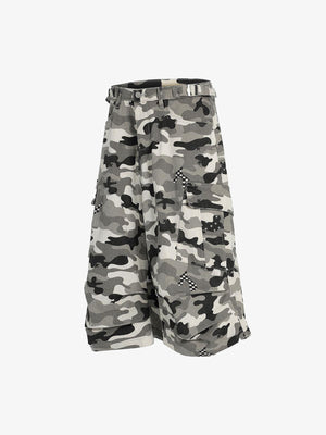 Grey Camo Cargo Shorts with Checkered Patches – side view | XoKool
